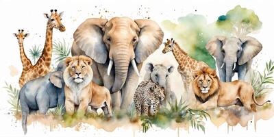 Wildlife gathering of elephants, lions, giraffes, and leopards in a serene natural habitat photo