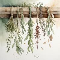 Drying various herbs on a wooden rack in a calm environment during midday light photo