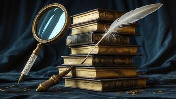 Antique books and writing tools create an atmosphere of knowledge and discovery in a cozy study photo