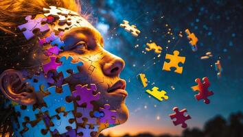 Puzzle pieces float around a woman's head against a cosmic background, symbolizing fragmented thoughts and creativity photo
