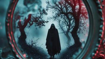 Mysterious figure in a dark forest reflection during twilight hours creates an eerie atmosphere photo