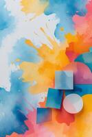 Colorful abstract artwork featuring geometric shapes and vibrant splashes of paint in various hues photo