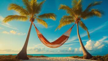 Relaxing hammock strung between palm trees on tranquil beach during sunset photo