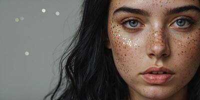 Captivating portrait of a young woman with freckles and shimmering highlights in a soft setting photo