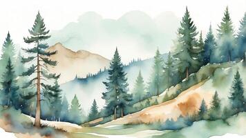 Serene watercolor landscape with mountains and pine trees in a misty forest setting photo