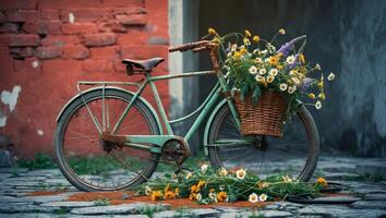 Vintage bicycle adorned with flowers rests against a rustic wall in a charming courtyard photo