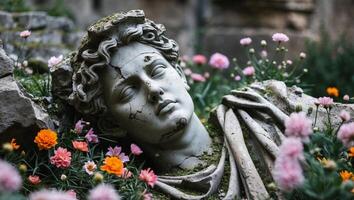 Ancient statue surrounded by colorful flowers in a serene garden setting during daylight photo