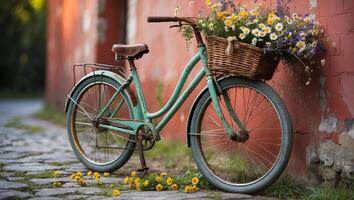 Vintage bicycle adorned with flowers leans against a rustic wall in a charming urban setting during golden hour photo