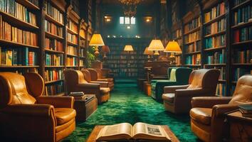 Cozy library setting with warm lighting, plush seating, and classic bookshelves creates perfect reading atmosphere photo