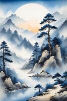Tranquil mountain landscape illuminated by a full moon at dusk with mist and pine trees by a serene river photo