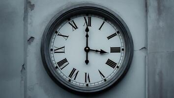Vintage clock on a weathered wall showing time in a monochrome setting photo