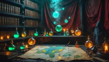 Mystical alchemy lab with glowing potions and ancient books in a dimly lit study photo