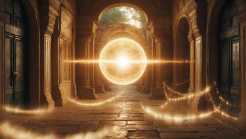 Mystical glowing orb illuminates ancient stone architecture in a serene courtyard during twilight photo