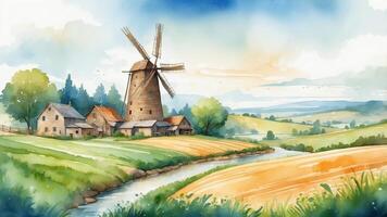 Picturesque countryside landscape featuring a classic windmill surrounded by farmland and a tranquil stream in the golden light of dawn photo