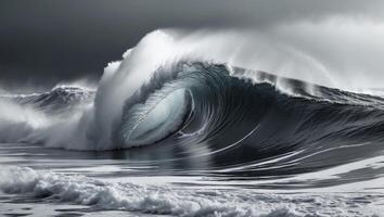 Dynamic ocean wave crashing on shore during a moody overcast day photo