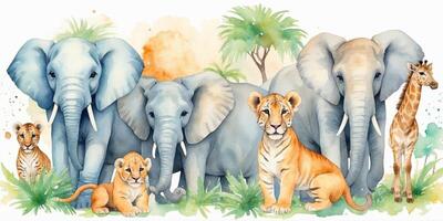 Wildlife scene depicting elephants, a tiger, and a giraffe in a lush environment with greenery and trees photo