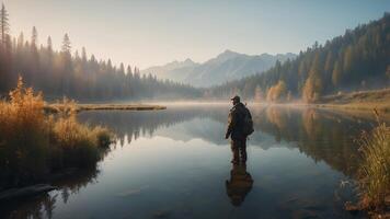 Fisherman stands in calm water at sunrise surrounded by mountains and trees in serene wilderness setting photo
