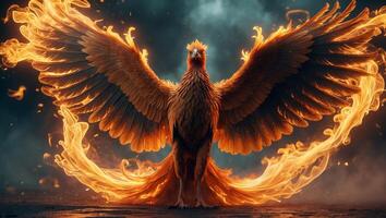 Majestic phoenix rises in flames, symbolizing rebirth and eternal strength against a mystical dark background photo