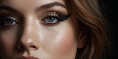 Stunning close-up portrait of a woman showcasing bold makeup and captivating blue eyes in a dark setting photo