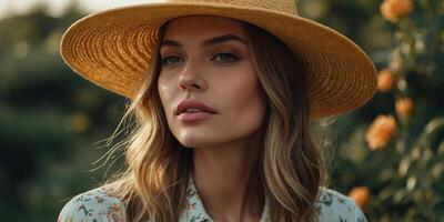 Woman wearing a straw hat in a lush garden during golden hour, capturing a serene moment of beauty and tranquility photo