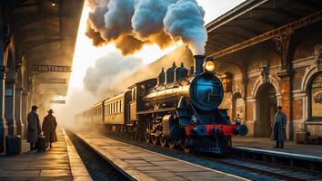 Classic steam train arrives at historic station during golden hour with passengers waiting on the platform, creating a nostalgic atmosphere photo