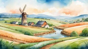 Serene countryside landscape with a windmill and flowing river during a sunny day photo