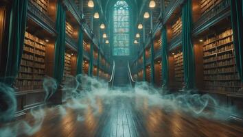 Mysterious library interior with staircase and ethereal fog at twilight photo