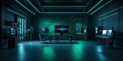 Modern tech workspace with neon lighting and advanced equipment for productivity and creativity photo