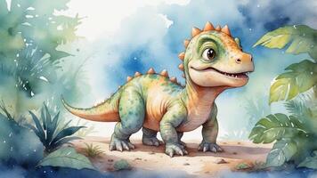Cute dinosaur character standing on a path surrounded by lush greenery and mist in a whimsical landscape photo