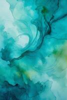 Swirling patterns of turquoise and green abstract watercolor painting with delicate texture and depth photo