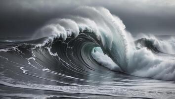 Powerful ocean waves crashing against the shore during a dramatic, cloudy evening sky photo