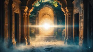 Mysterious glowing portal at the entrance of an ancient temple surrounded by mist and sunlight photo