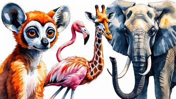 Wildlife illustration featuring a lemur, flamingo, giraffe, and elephant in vibrant colors photo