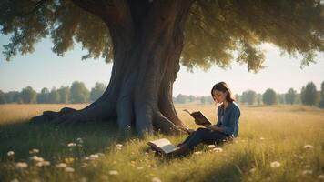 Reading a book under a large tree in a tranquil meadow during the golden hour photo