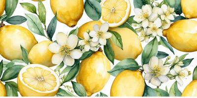 Lemon blossoms and fruit arranged beautifully on a light background, showcasing nature's vibrant colors and freshness photo