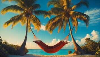 Relaxing hammock strung between palm trees on a serene beach during sunset in a tropical paradise photo