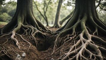 Roots intertwining beneath the surface in a peaceful forest setting during daylight photo