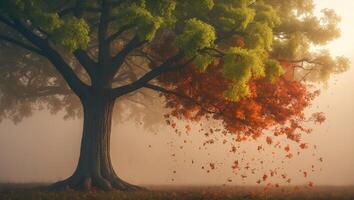 Vibrant autumn leaves gently falling from a majestic tree in a misty landscape at dawn photo