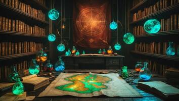 Magical library filled with glowing potions and ancient maps in a mystical setting photo