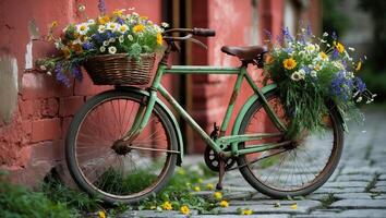 Vintage bicycle adorned with colorful flowers by a rustic wall in a charming village setting during springtime photo
