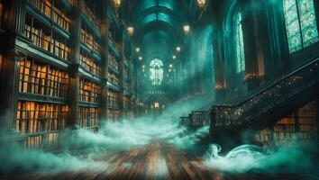 Enchanted library filled with mist and illuminated by ethereal light during twilight hours photo