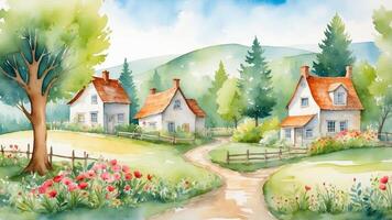 Charming countryside landscape featuring cozy cottages surrounded by flowers and trees under a bright sky photo