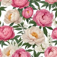 Detailed floral pattern featuring peonies in various shades of pink and cream against a soft white background photo