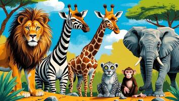 Colorful illustration of animals in a vibrant jungle setting with a lion, giraffes, zebra, elephant, leopard, and monkey photo