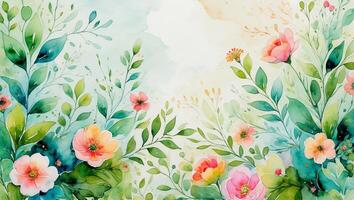Vibrant watercolor floral design featuring various flowers and greenery in soft pastel colors photo