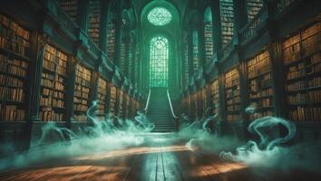 Mysterious library with swirling mist and vibrant stained glass windows at twilight photo
