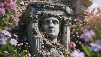 Weathered statue surrounded by vibrant flowers in a serene garden setting during daylight photo