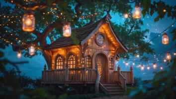 Enchanting treehouse illuminated by warm lanterns in a serene evening setting photo
