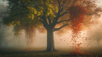 Mysterious autumn landscape with a tree shedding leaves in a tranquil morning fog photo
