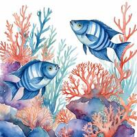 Vivid underwater scene with striped fish swimming among colorful coral reefs in a serene ocean environment photo